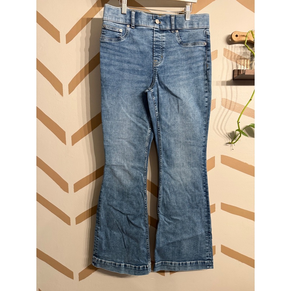 Spanx Wide Leg Jeans Womens Medium Petite Blue Denim Pull On Flare 202110